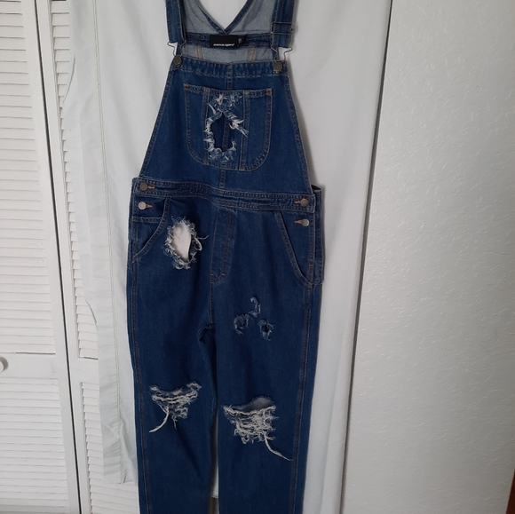 American Apparel Tomgirls 100% Cotton Distress Denim Blue Jeans Overalls Size L - Picture 14 of 15